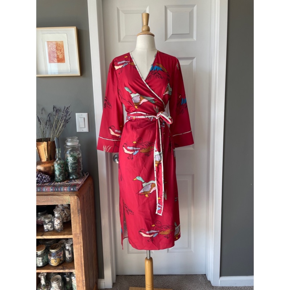 Rachel Antonoff Anthropologie duck geese print wrap caftan midi dress 3380